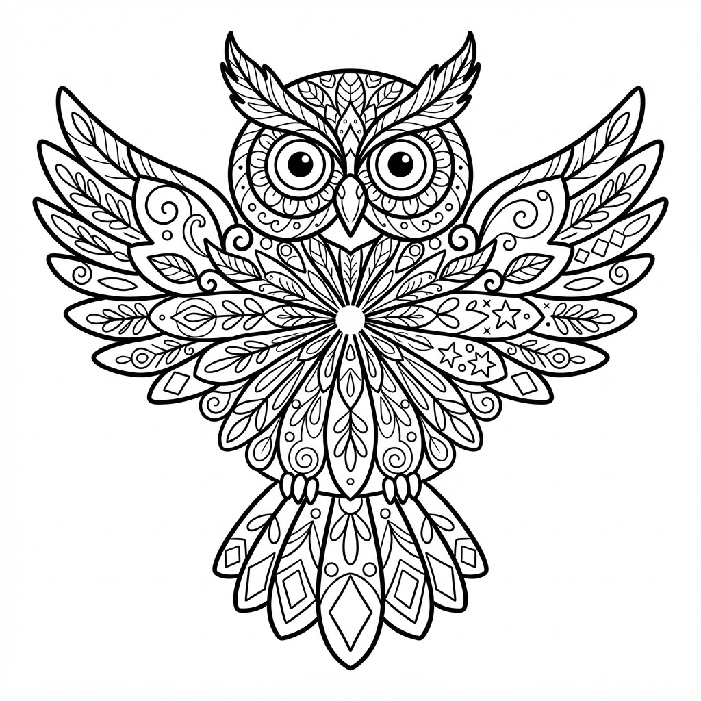 Animal Mandala Coloring Page for Adults — Owl with Patterned