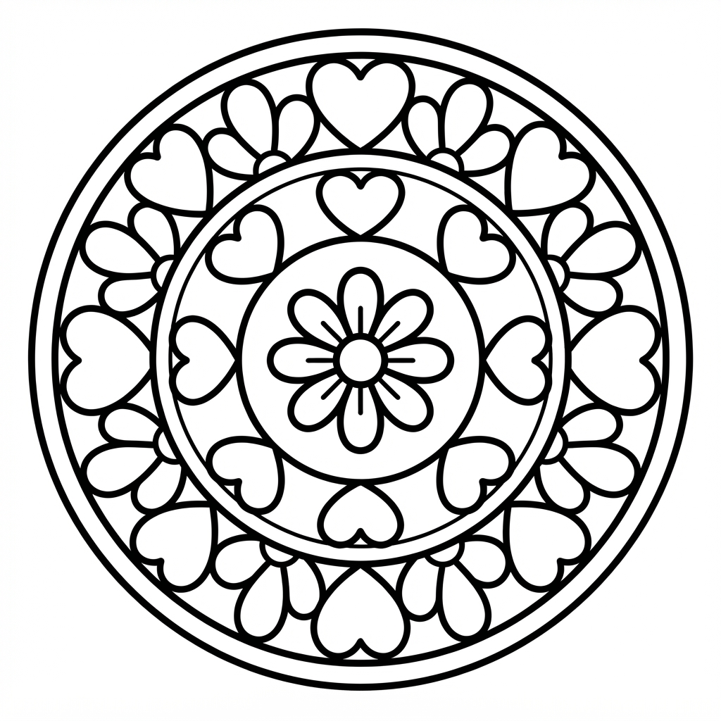 Mandala Coloring Page — Simple Flower And Heart Mandala