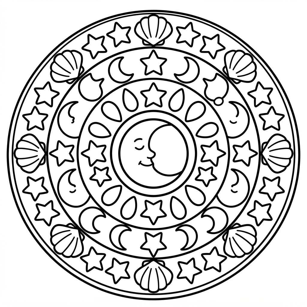 Mandala Coloring Page — Celestial Moon and Stars