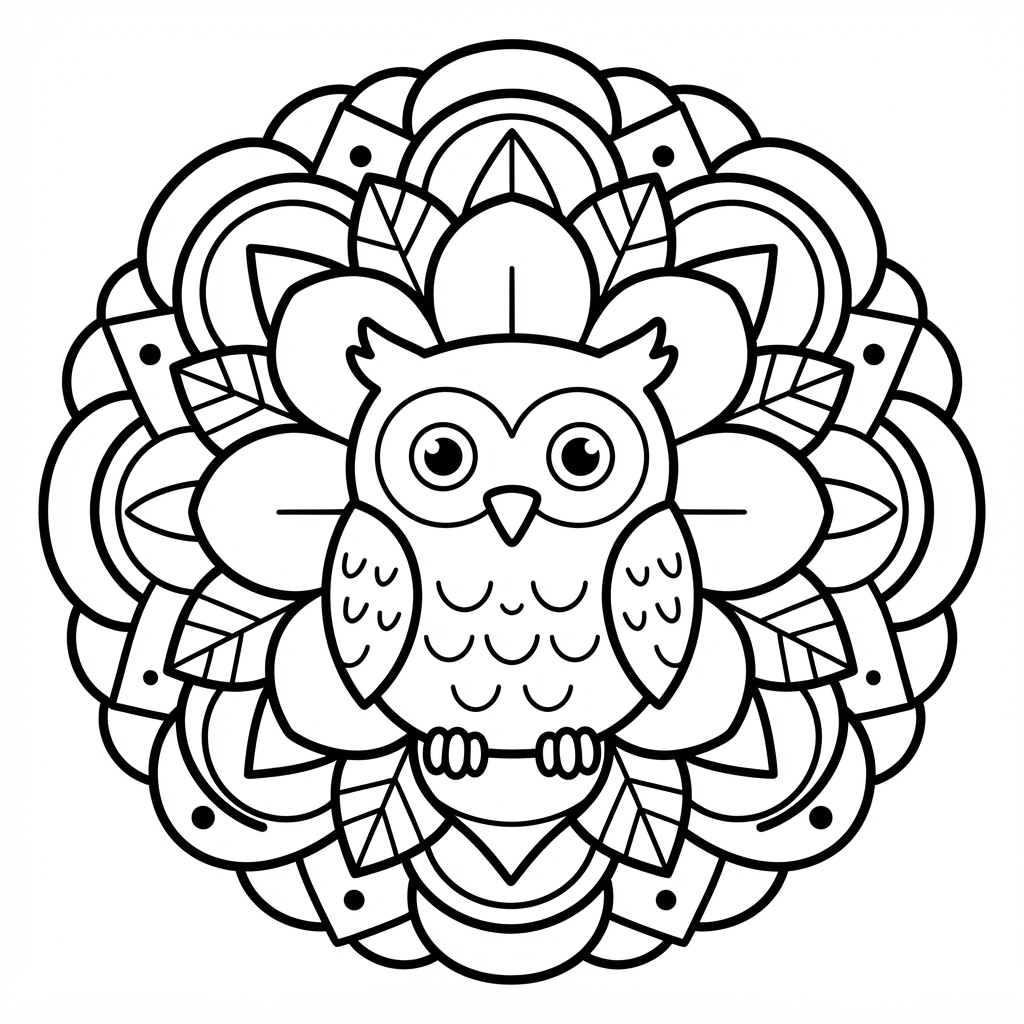 Animal Mandala Coloring Page — Owl with Floral Patterns