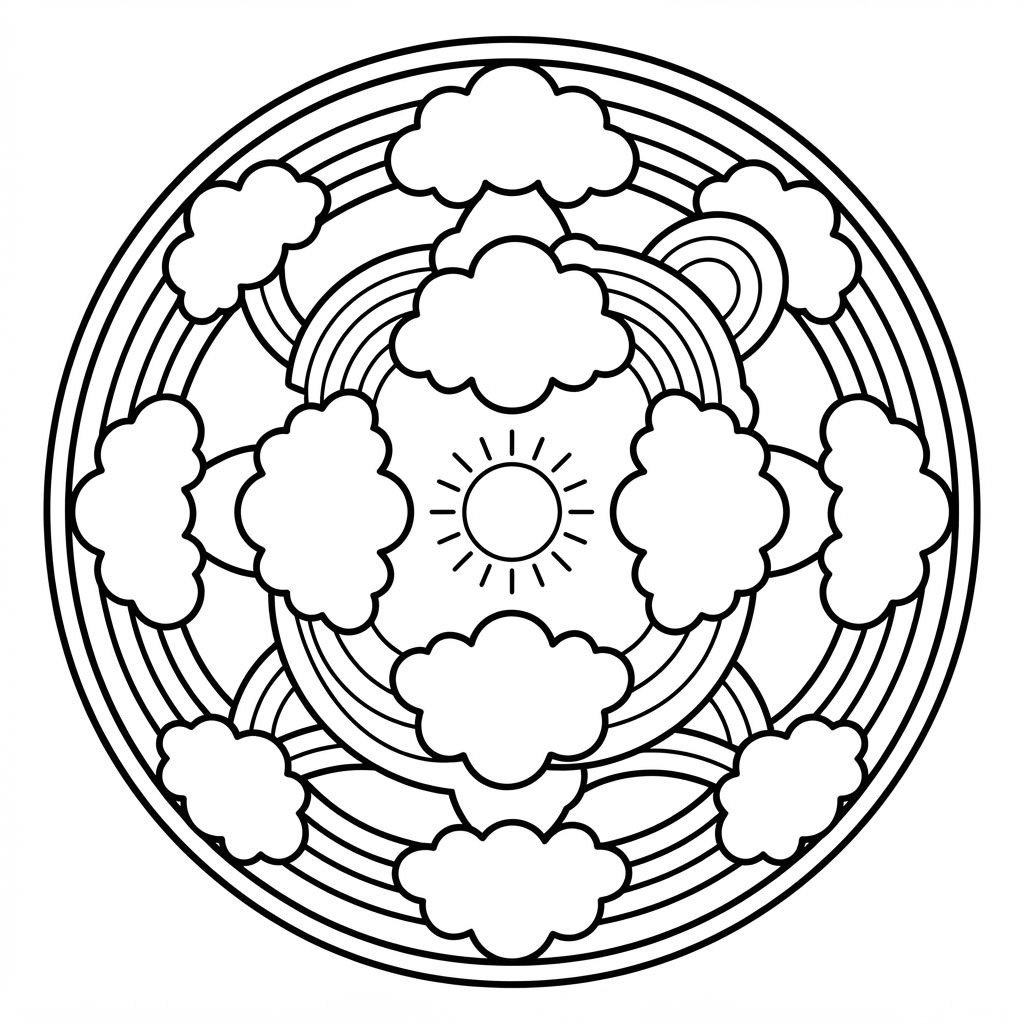 Mandala Coloring Page — Simple Mandala With Clouds And Sun