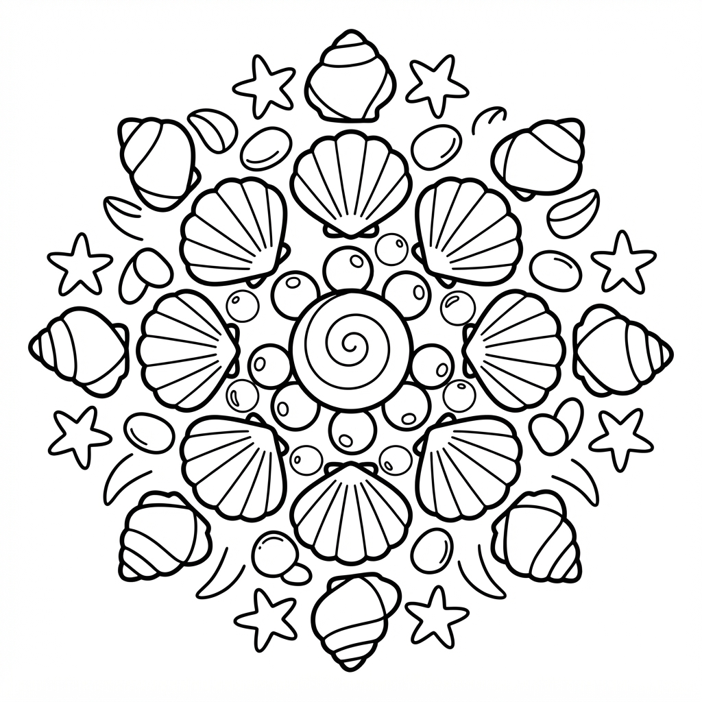 Mandala Coloring Page — Seashells and Starfish