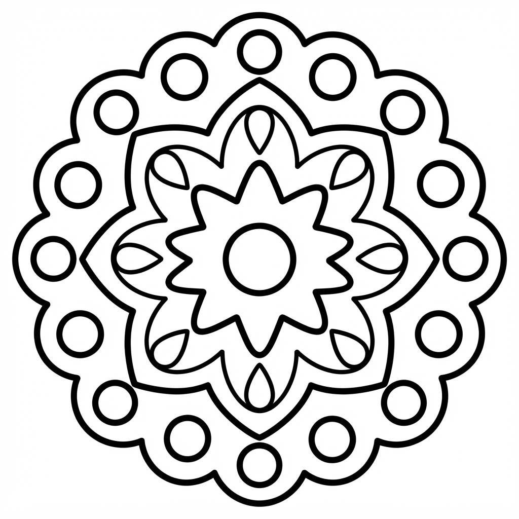 Mandala Coloring Page — Simple Star with Scalloped Edge