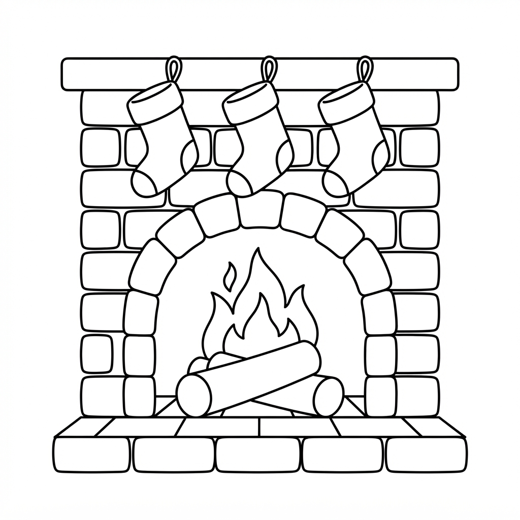 Fire Coloring Page — With Stockings Hanging on Mantel