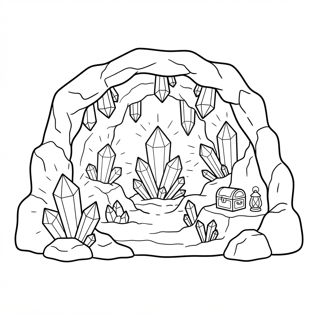 Crystal Coloring Page — Filled with Glowing Crystals and Tre