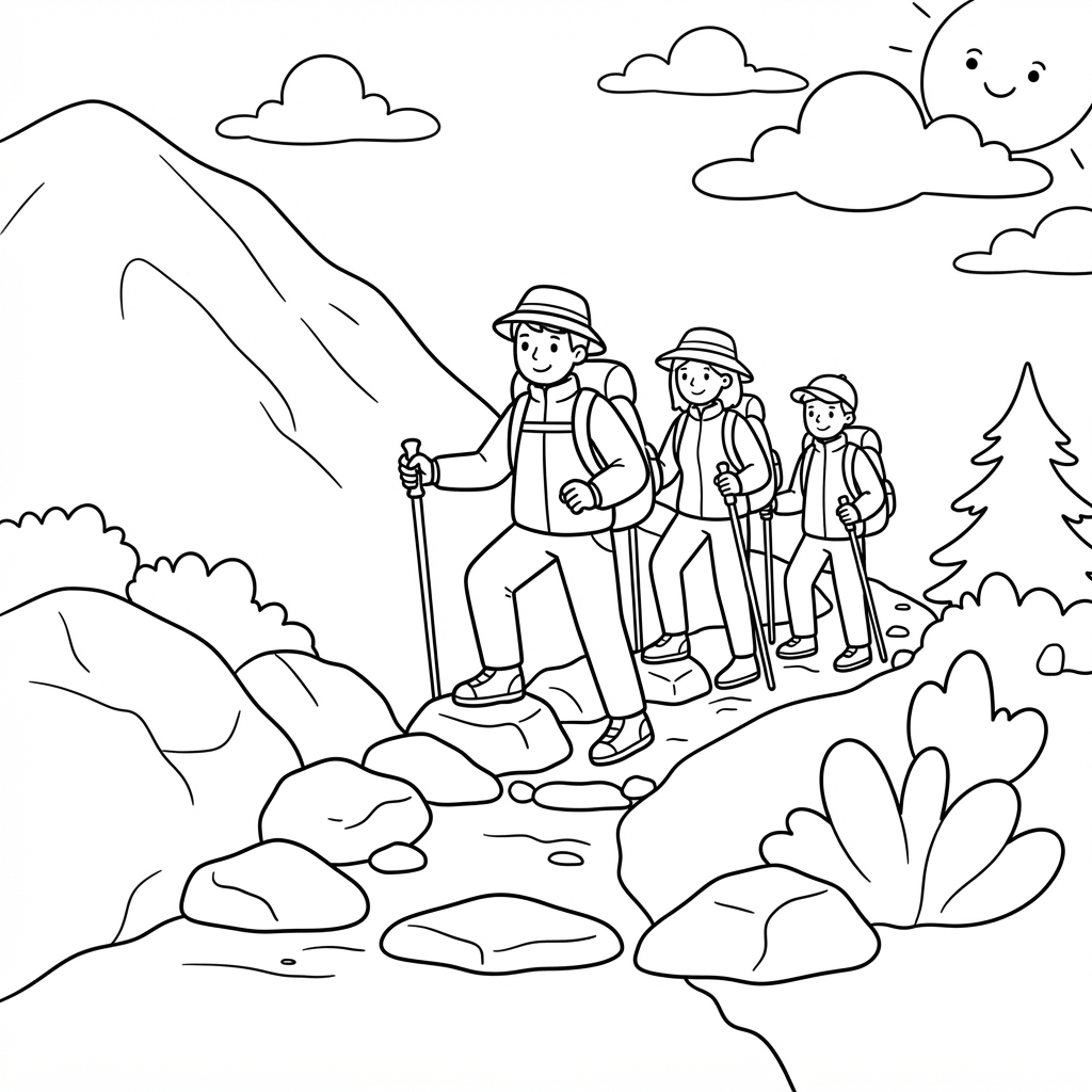 Mountain Coloring Page — Family Hiking on Mountain Trail