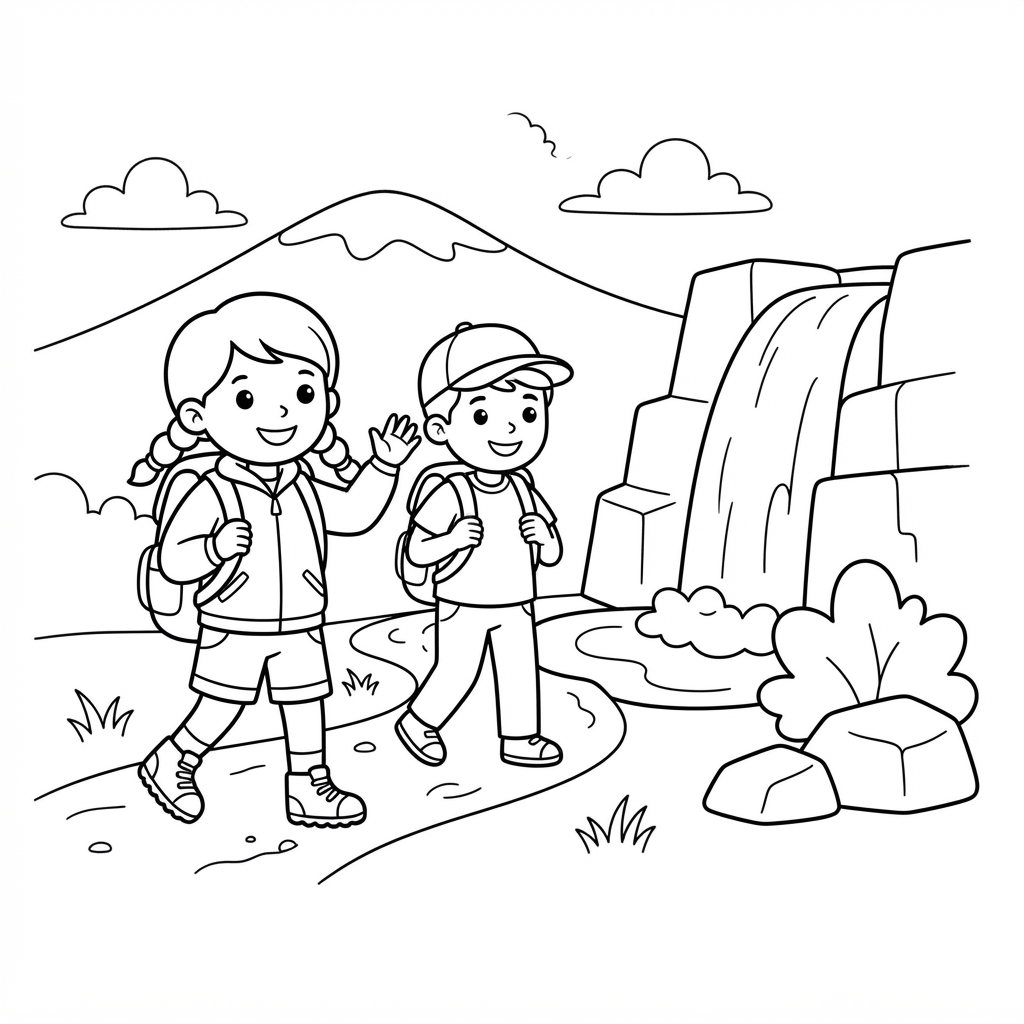 Hiking Coloring Page — Two Hikers Near a Waterfall
