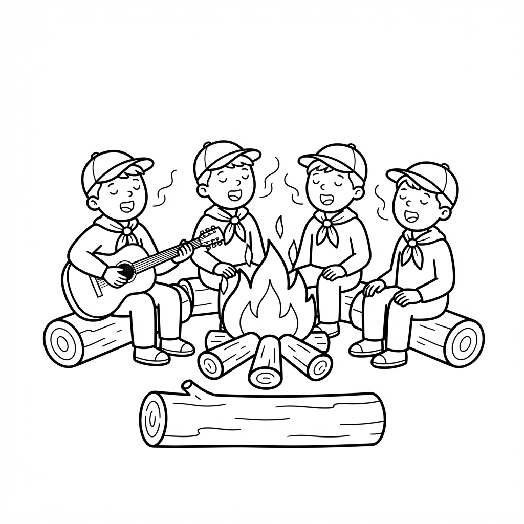 Campfire Coloring Page — Scouts Singing With Guitar