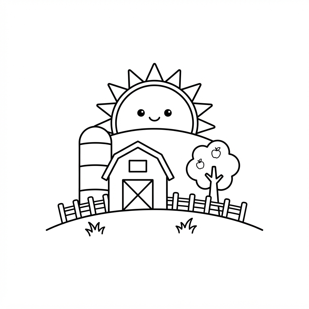 Sun Coloring Page — Cute Sunrise and Barn