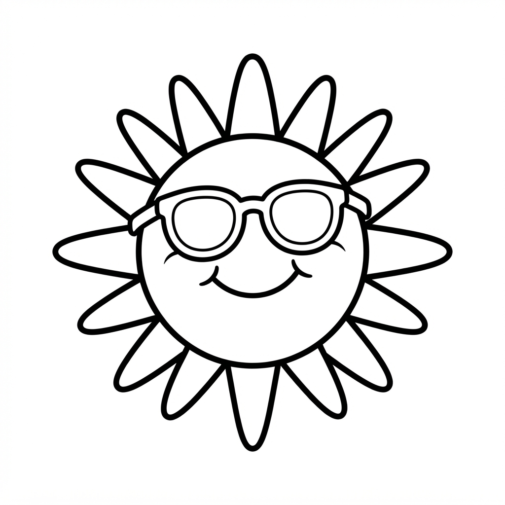 Easy Sun Coloring Page — Wearing Sunglasses and Smiling