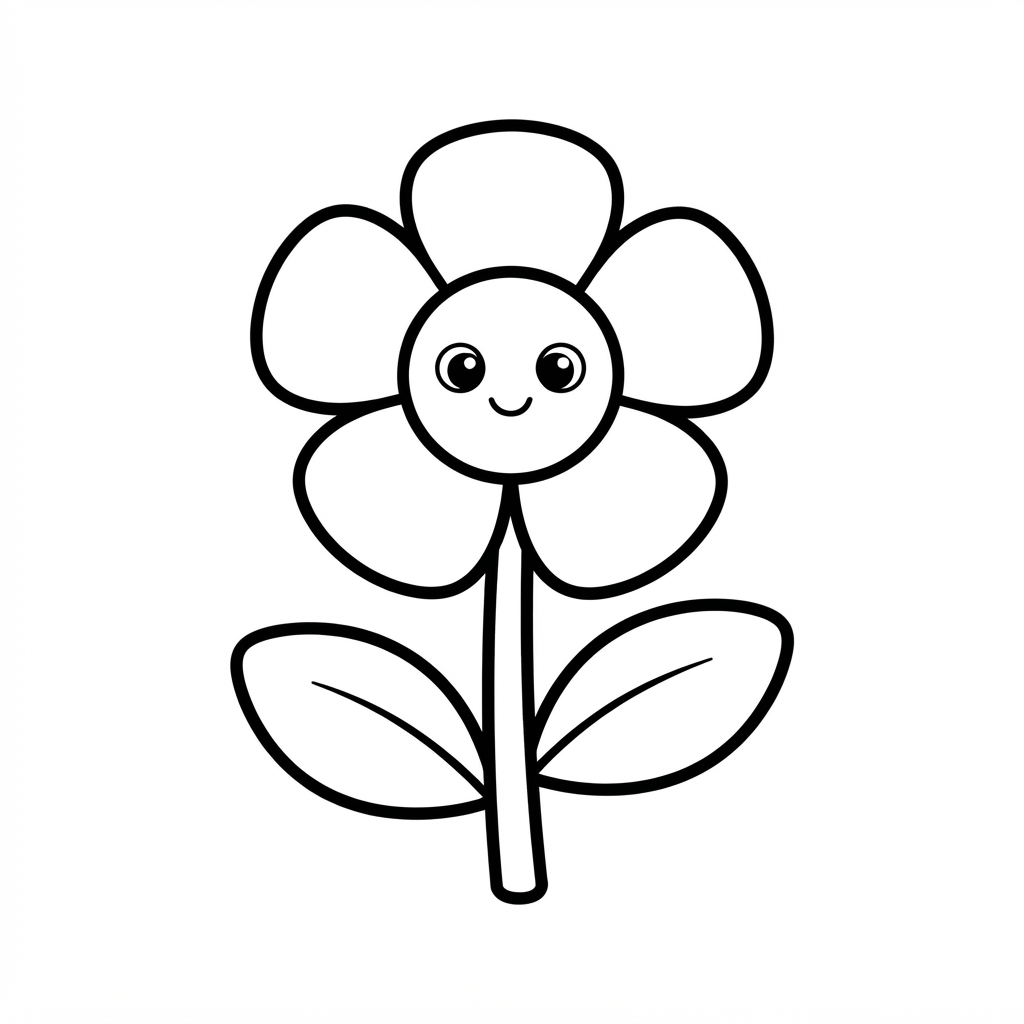 Easy Poppy Coloring Page — Cute Smiling Face with Leaves