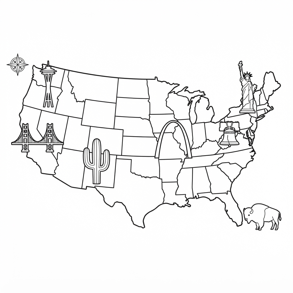 United States Map Coloring Page — USA with Landmarks