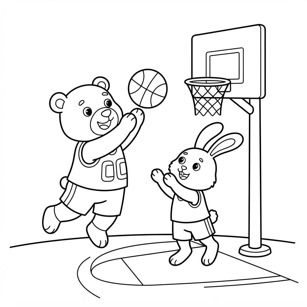 Basketball Coloring Page — Bear and Rabbit Playing Sport