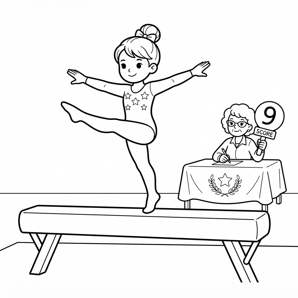 Gymnastic Coloring Page — Balancing on the Beam