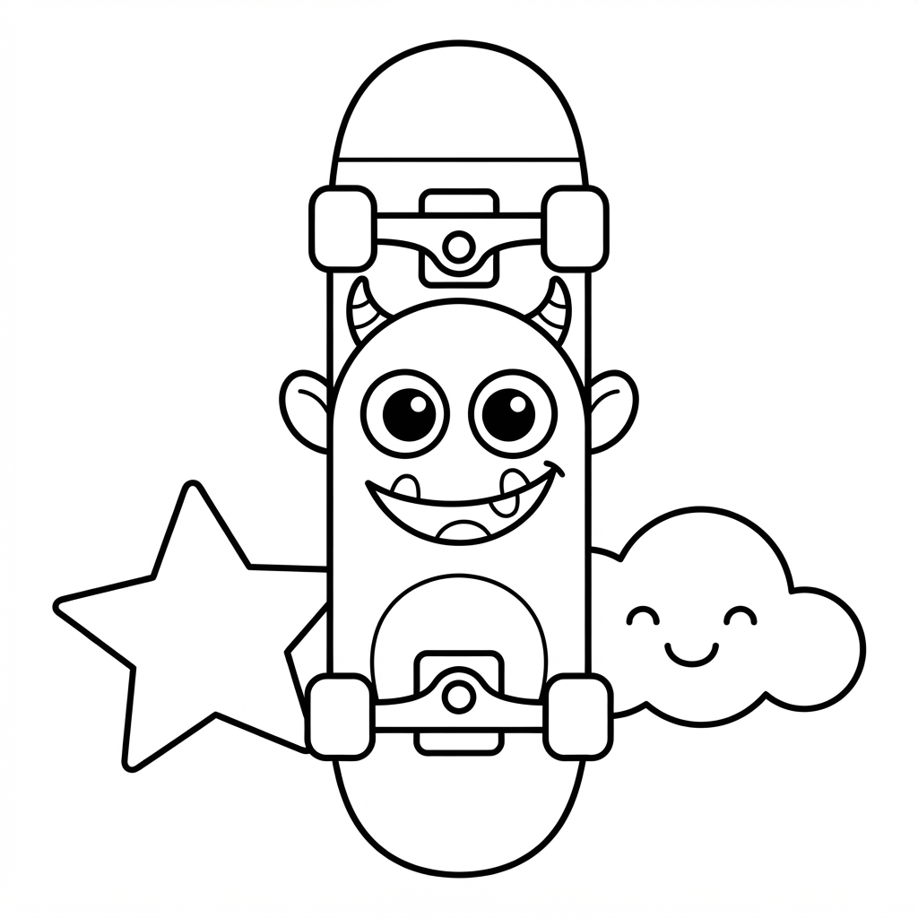 Skateboard Coloring Page — Monster Face With Star and Cloud