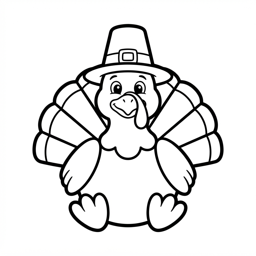 Easy Turkey Coloring Page — Wearing a Pilgrim Hat
