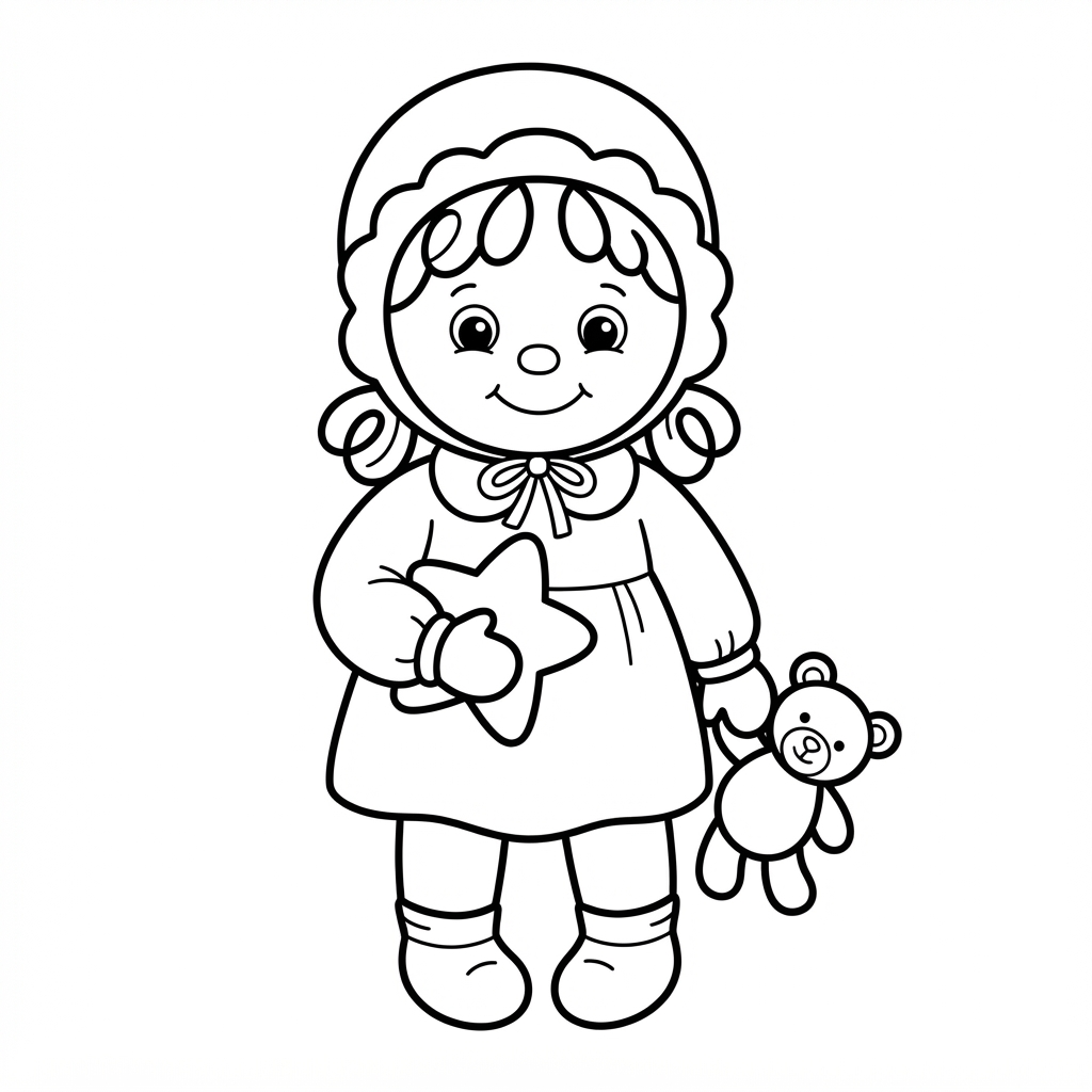 Easy Doll Coloring Page — Holding Star and Teddy Bear