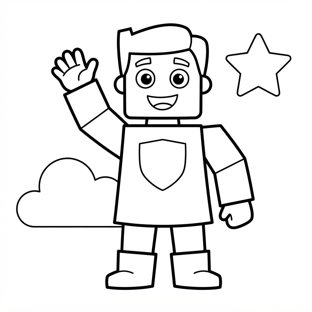 Easy Video Game Coloring Page — Blocky Hero Waving With Star