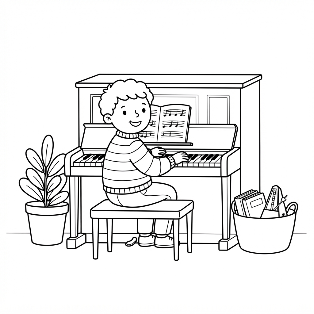 Piano Coloring Page — Playing a Melody in the Living Room