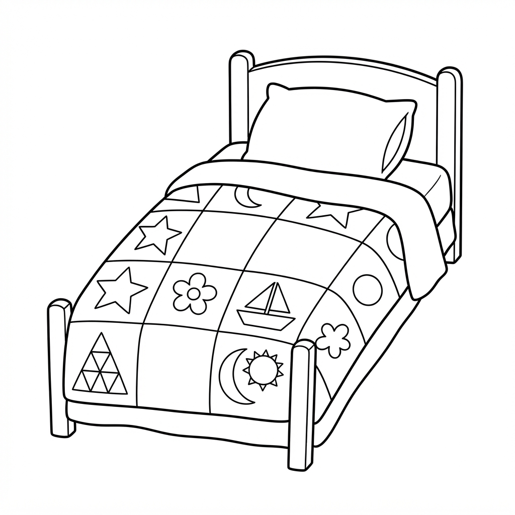 Quilt Coloring Page — Patchwork Quilt and Pillow