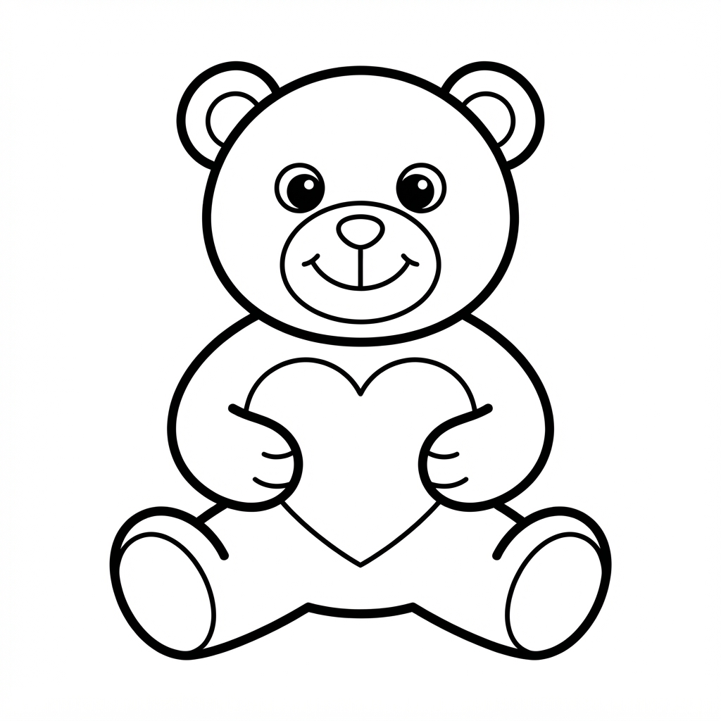 Easy Teddy Bear Coloring Page — Holding a Large Heart