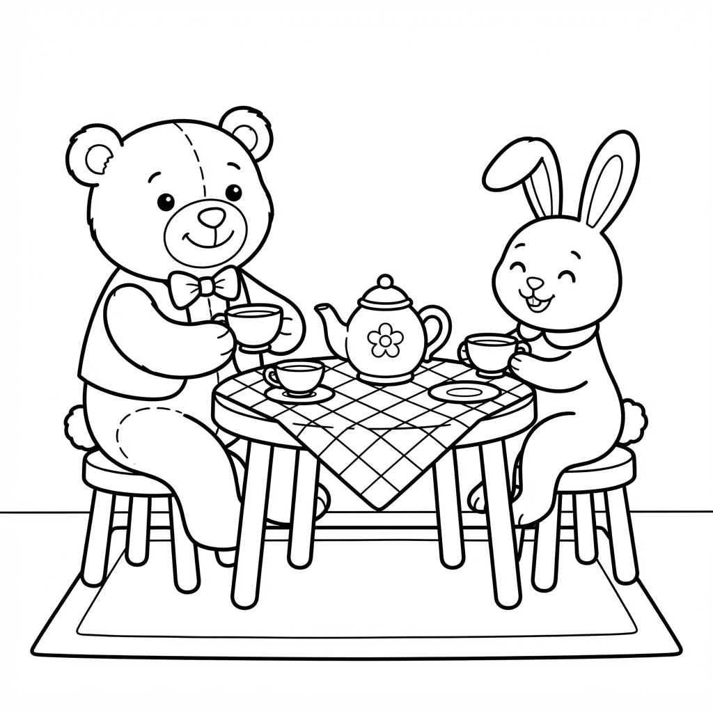 Teddy Bear Coloring Page — Having Tea Party With Bunny