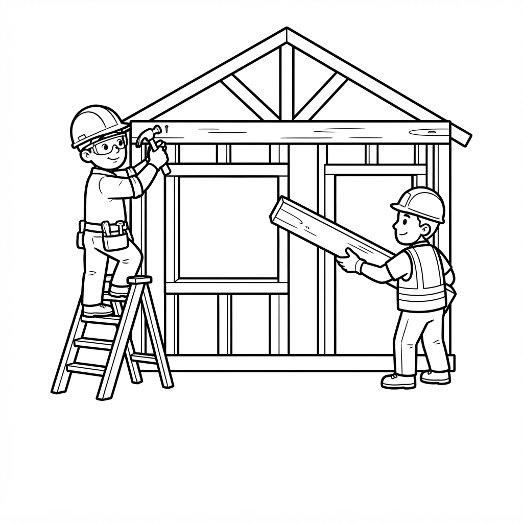 Construction Coloring Page — Building a Wooden House