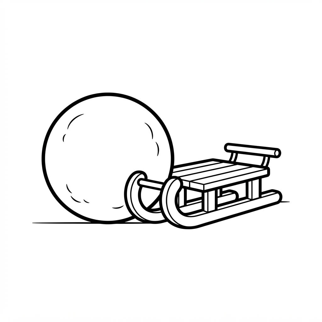 Easy Winter Scene Coloring Page — Big Snowball and a Sled