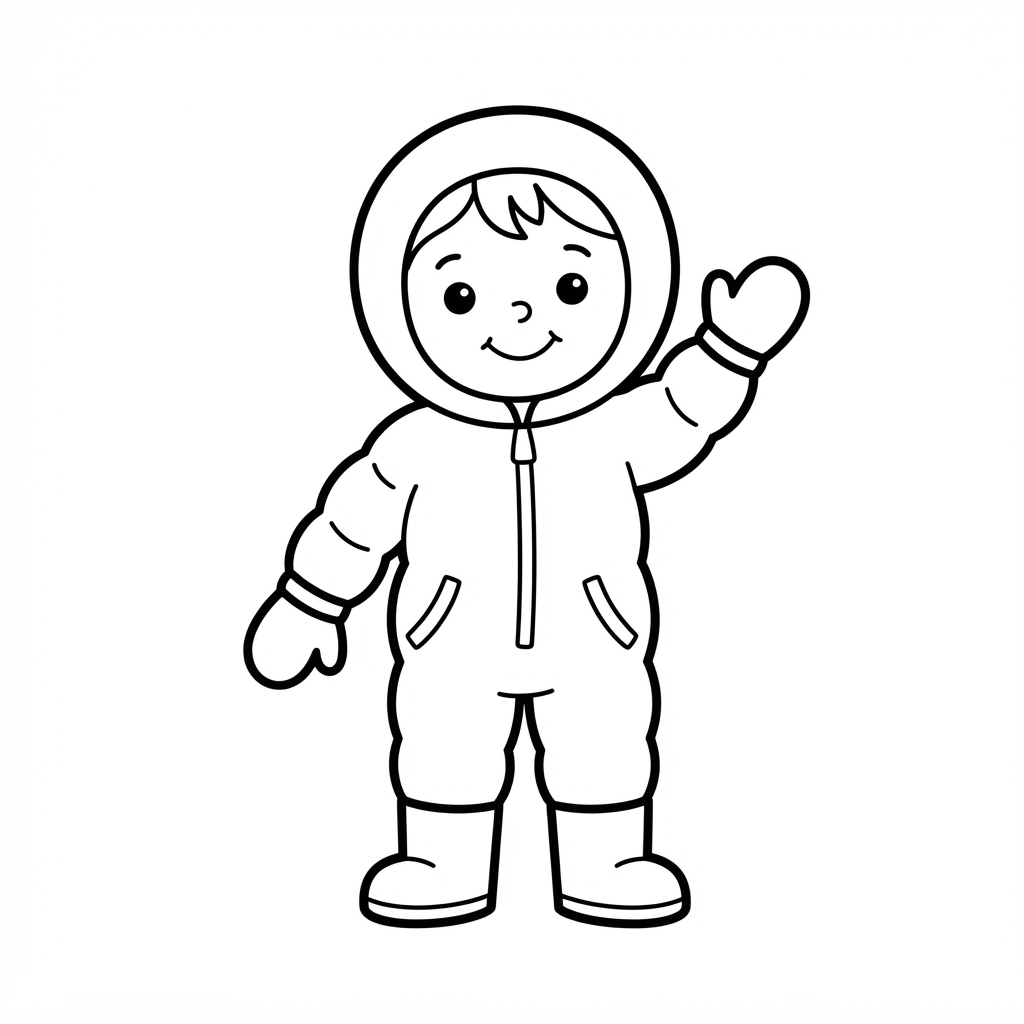 Easy Winter Scene Coloring Page — Child Waving in a Snowsuit