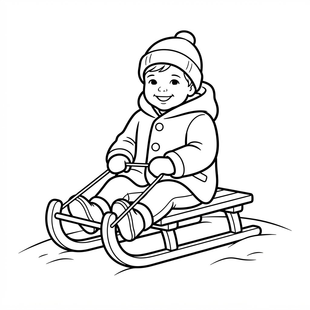 Easy Sledding Coloring Page — Sitting on a Wooden Sled