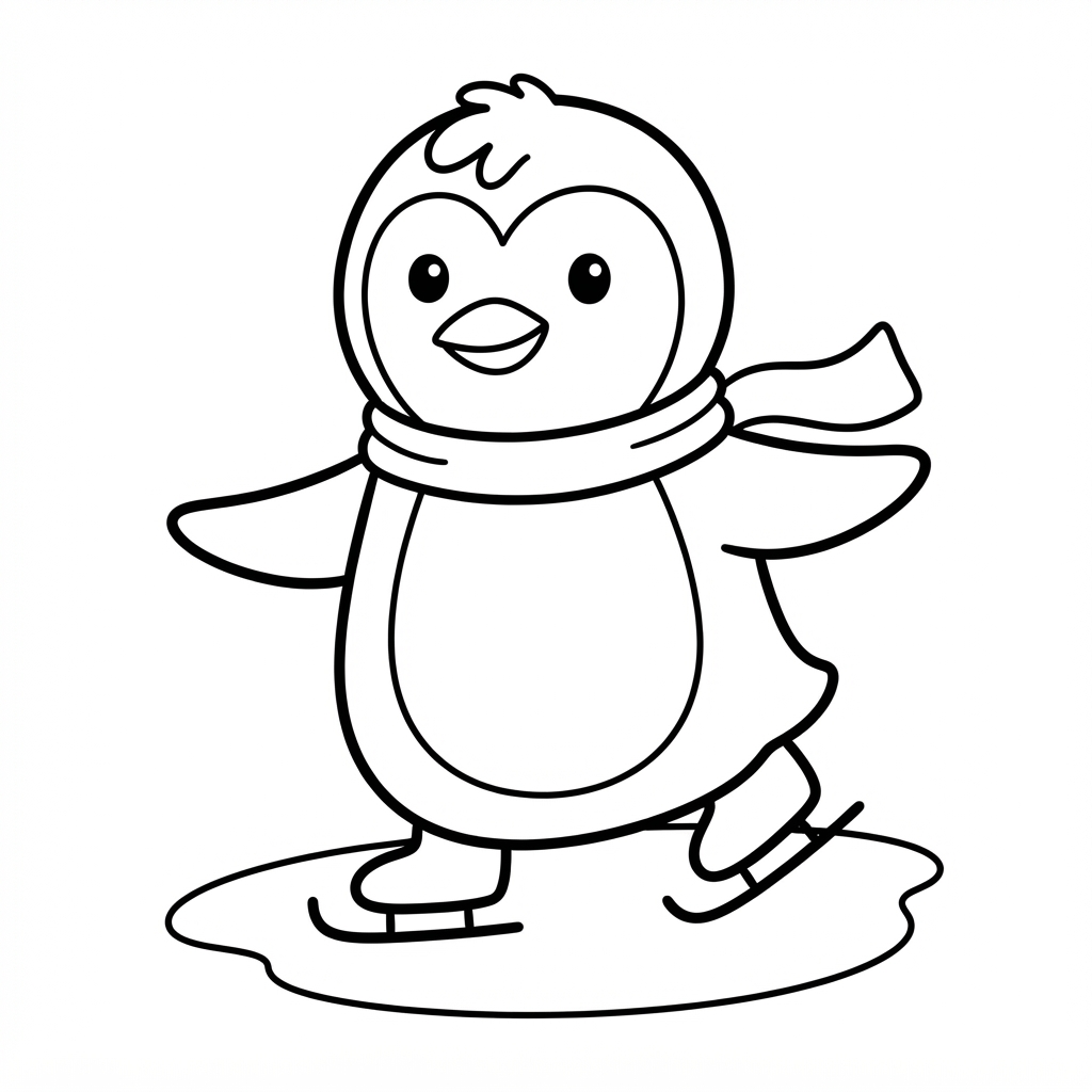 Easy Ice Skating Coloring Page — Penguin Ice Skating in a Sc