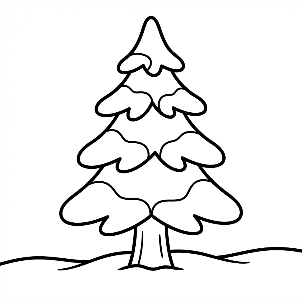 Easy Winter Scene Coloring Page — Snow-Covered Pine Tree