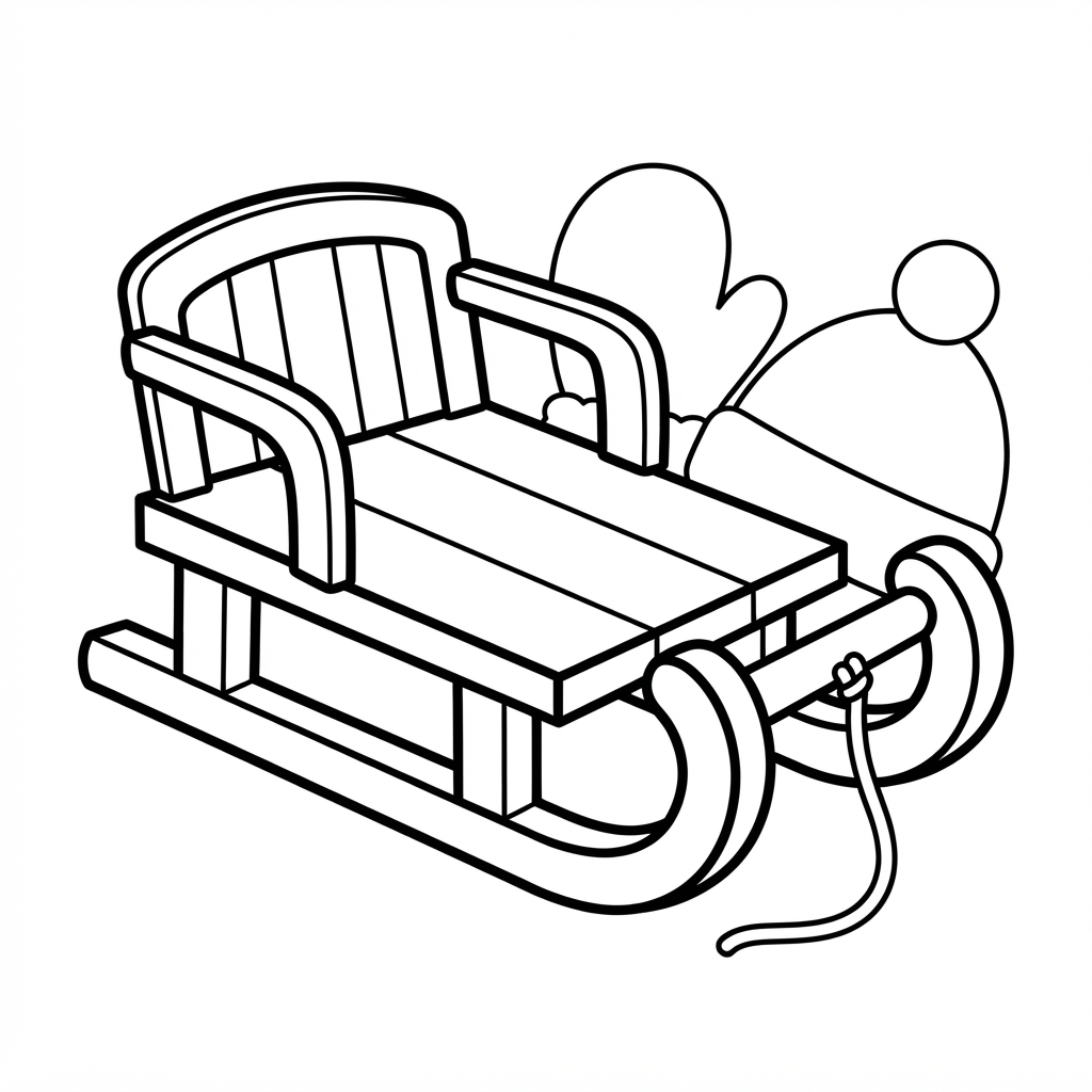 Easy Sledding Coloring Page — Wooden Sled with Winter Hat an