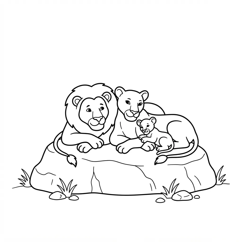Lion Coloring Page — Family Resting on a Rock