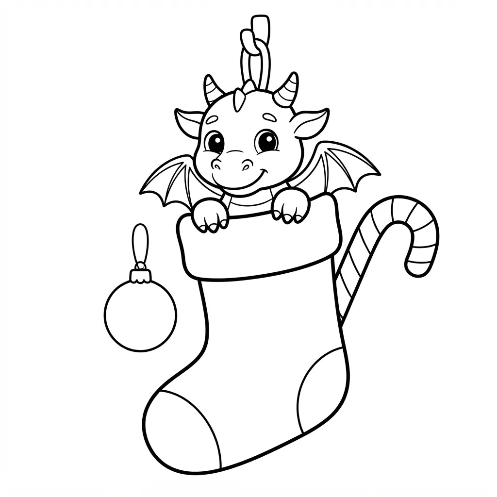 Easy Dragon Coloring Page — Peeking Out of a Stocking