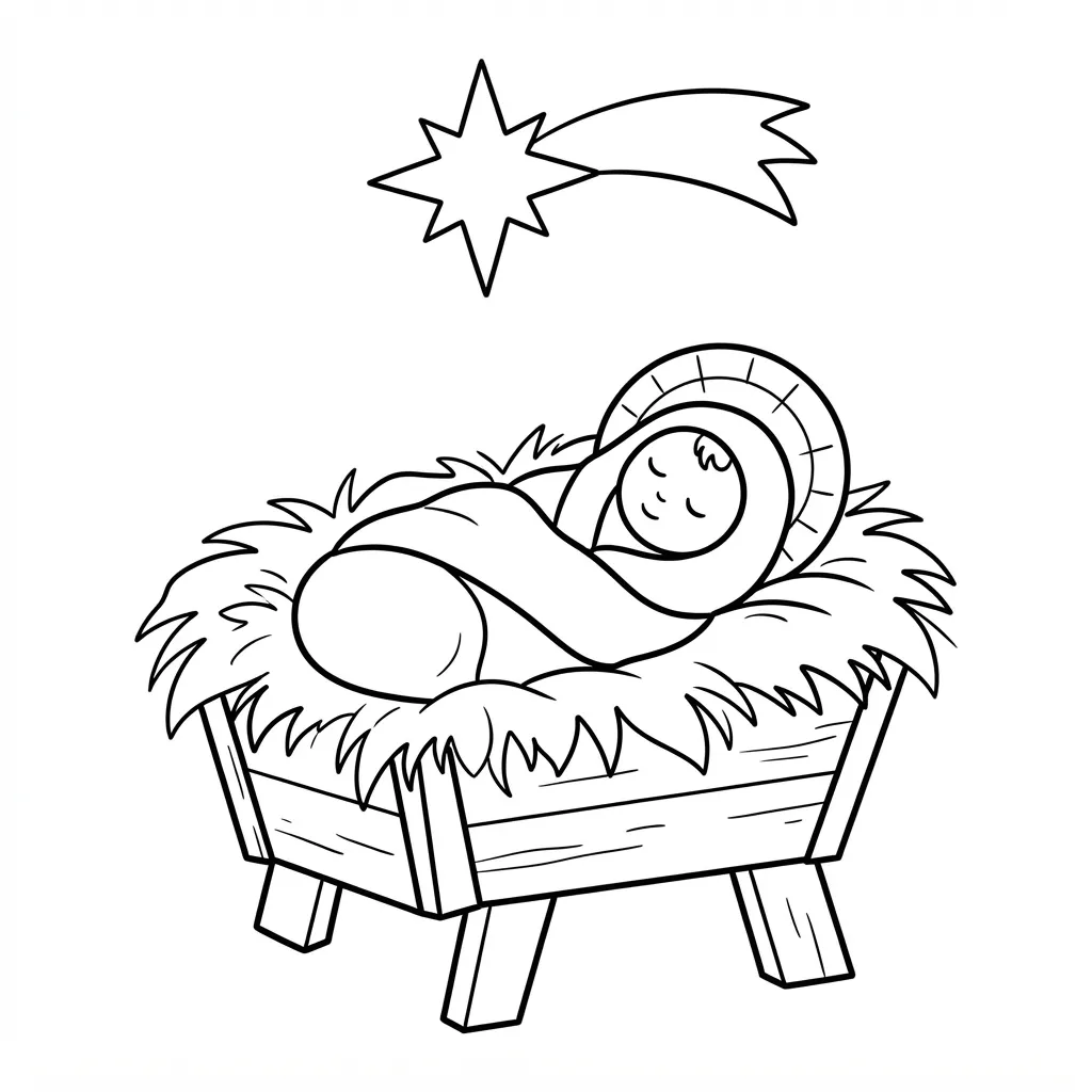 Easy Baby Jesus Coloring Page — In a Manger With a Star Above
