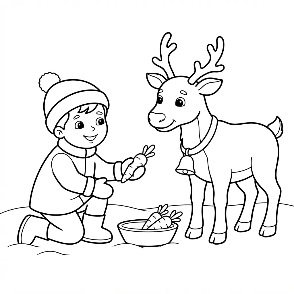 Reindeer Coloring Page — Feeding Carrot In Snow
