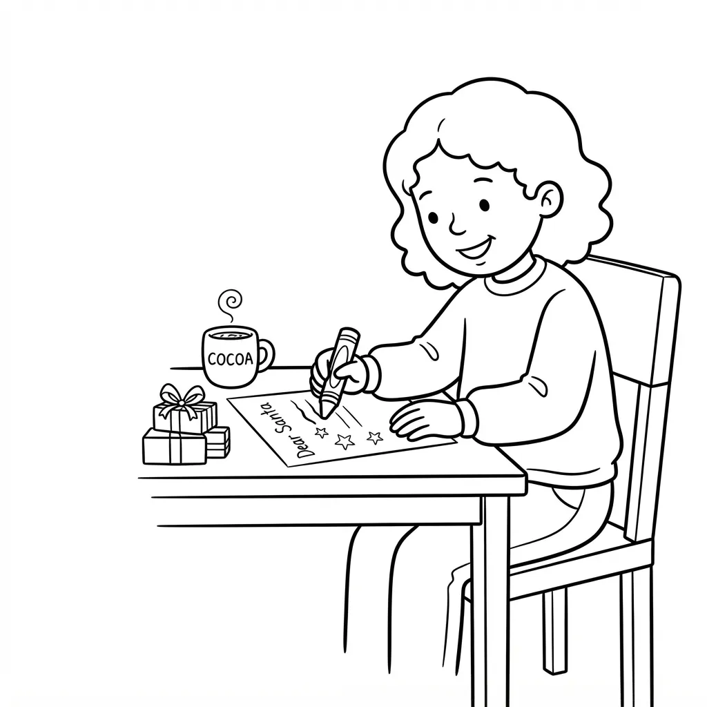 Easy Santa Letter Coloring Page — Writing at a Table with Gifts