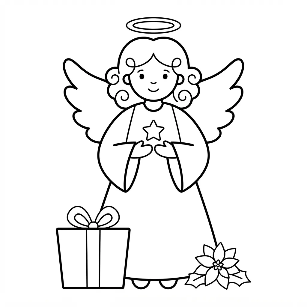 Easy Angel Coloring Page — Holding a Gift by a Poinsettia