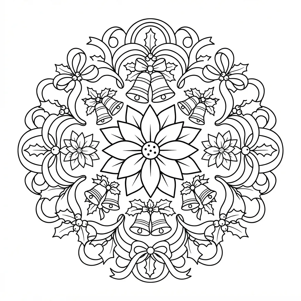 Christmas Mandala Coloring Page for Adults — With Poinsettias, Bells, and Ribbons