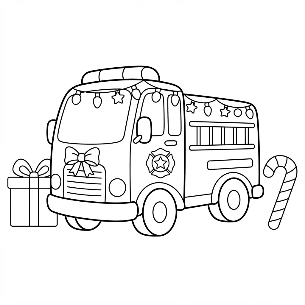 Easy Fire Truck Coloring Page — Decorated With Holiday Lights
