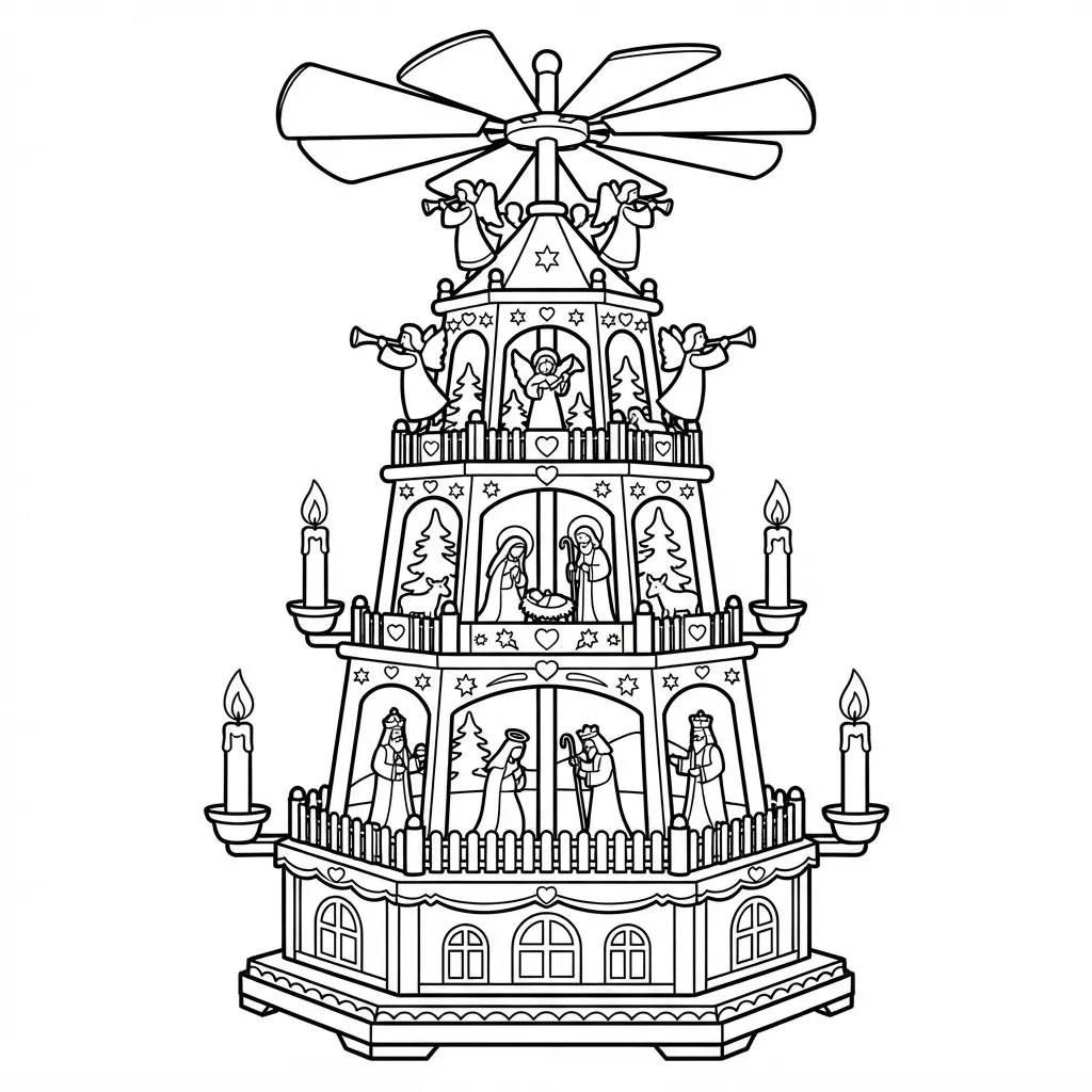 Christmas Pyramid Coloring Page for Adults — With Spinning Angels and Candles