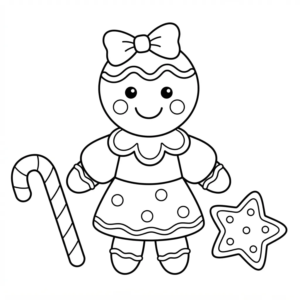 Easy Gingerbread Girl Coloring Page — With a Bow and Cookies
