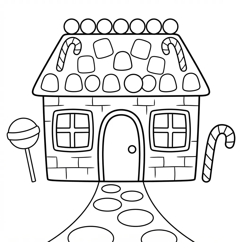 Easy Gingerbread House Coloring Page — Decorated With Candy Roof