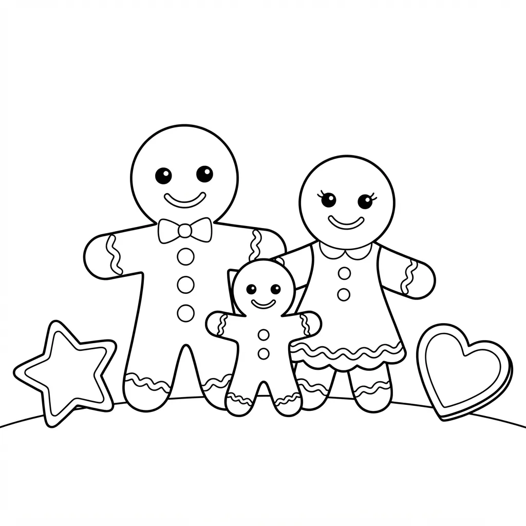 Easy Gingerbread Man Coloring Page — Family With Star and Heart Cookies