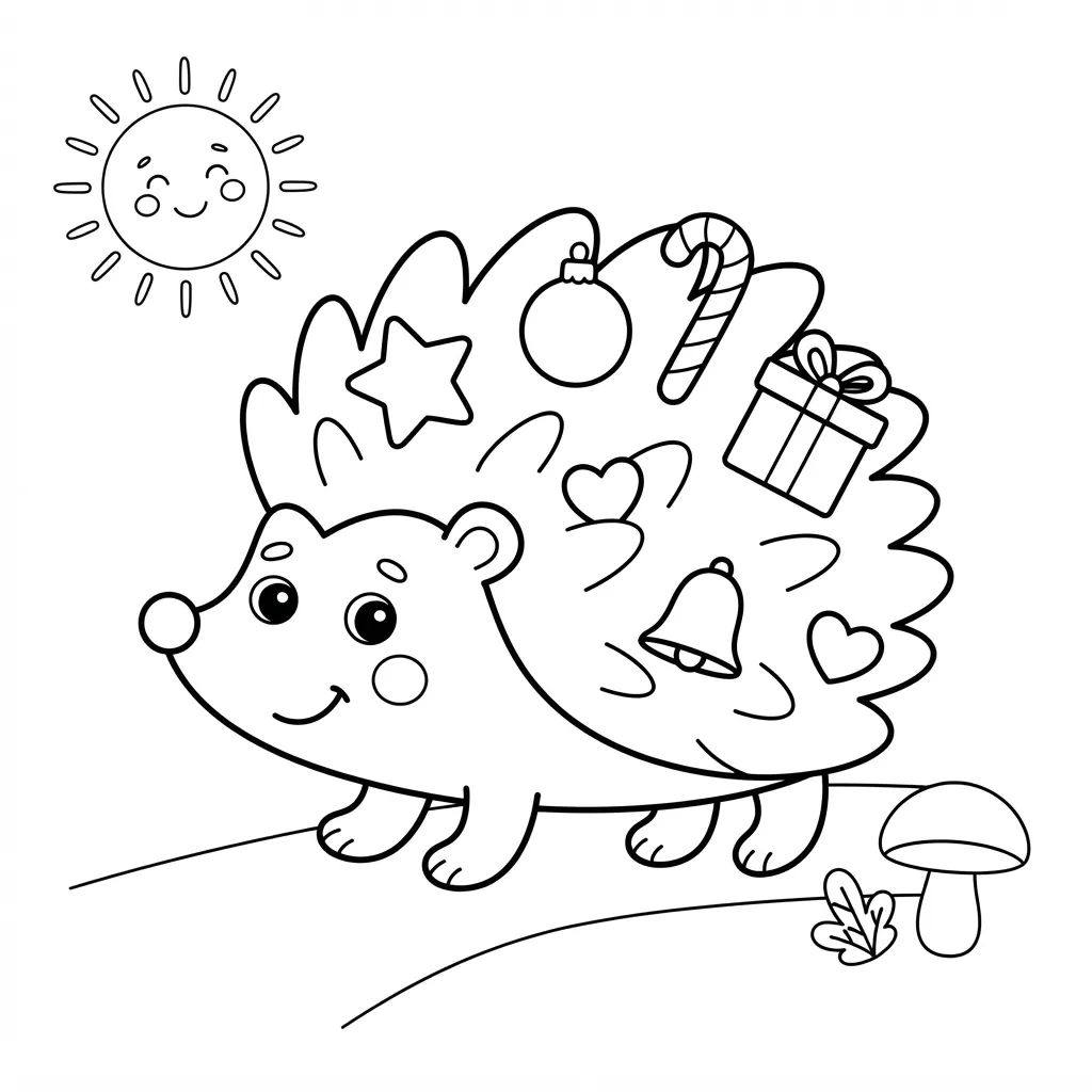 Easy Hedgehog Coloring Page — Decorated with Christmas Ornaments