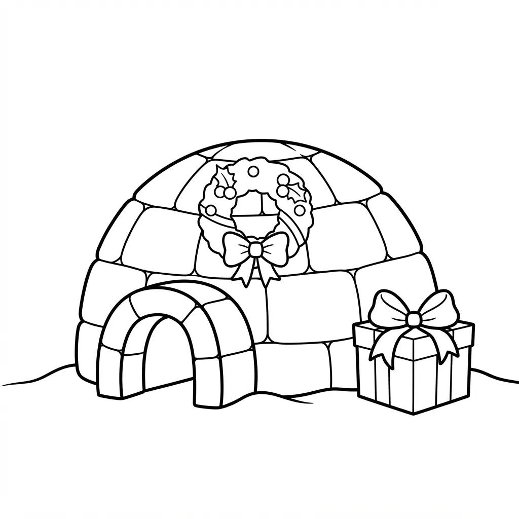 Easy Igloo Coloring Page — Decorated With a Holiday Wreath