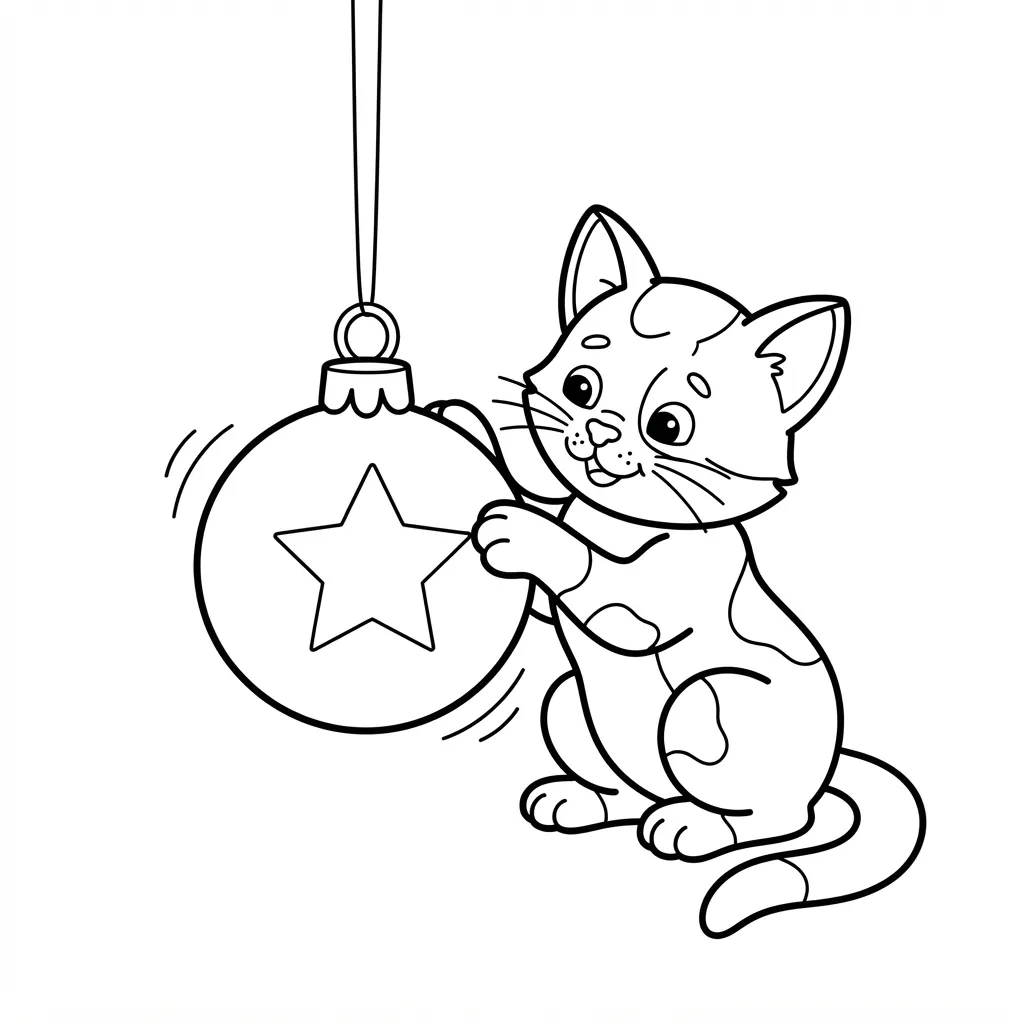 Easy Kitten Coloring Page — Playing With an Ornament