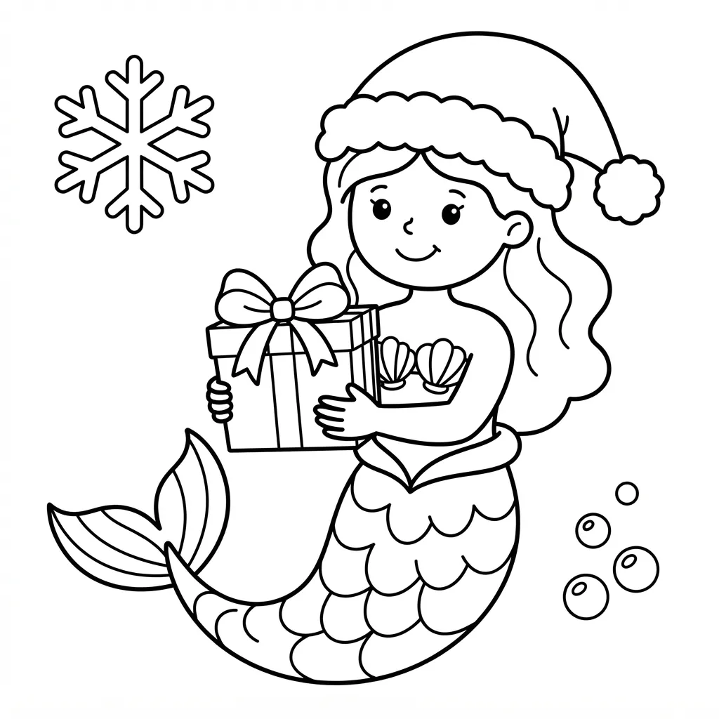 Easy Mermaid Coloring Page — Wearing a Santa Hat with a Gift