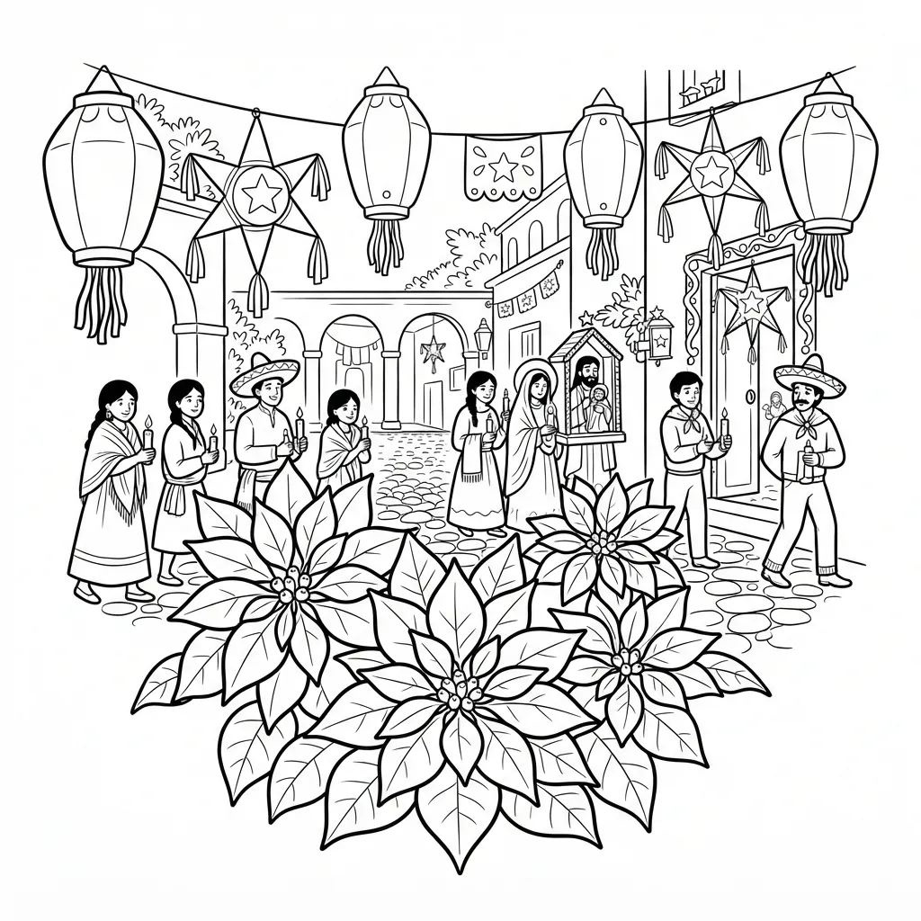 Nativity Scene Coloring Page for Adults — Procession with Candles and Poinsettias